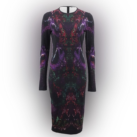 Alexander McQueen Black Purple Green Feather Print Pencil Dress - Picture 12 of 15